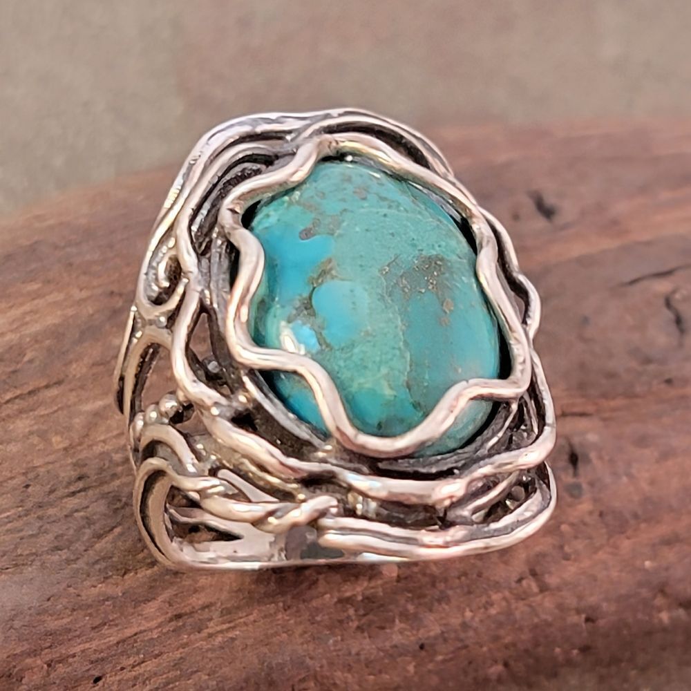 Shablool Didae Turquoise Sterling Waves Bead Filigree Ring
